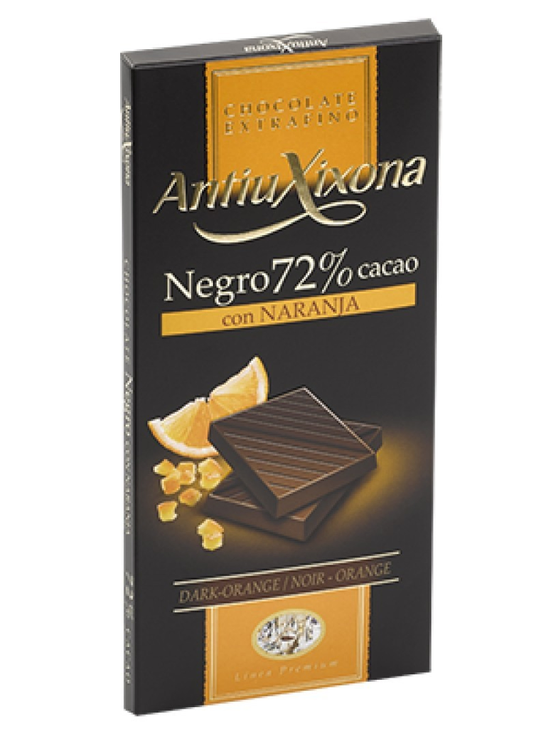 Tableta antiuxixona negro 72 % con naranja 100 gr