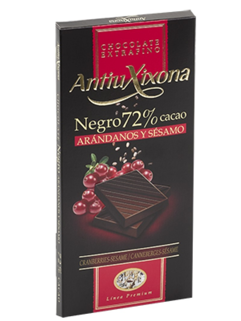 Tableta antiuxixona negro 72 % con arandanos y sesamo 100 gr