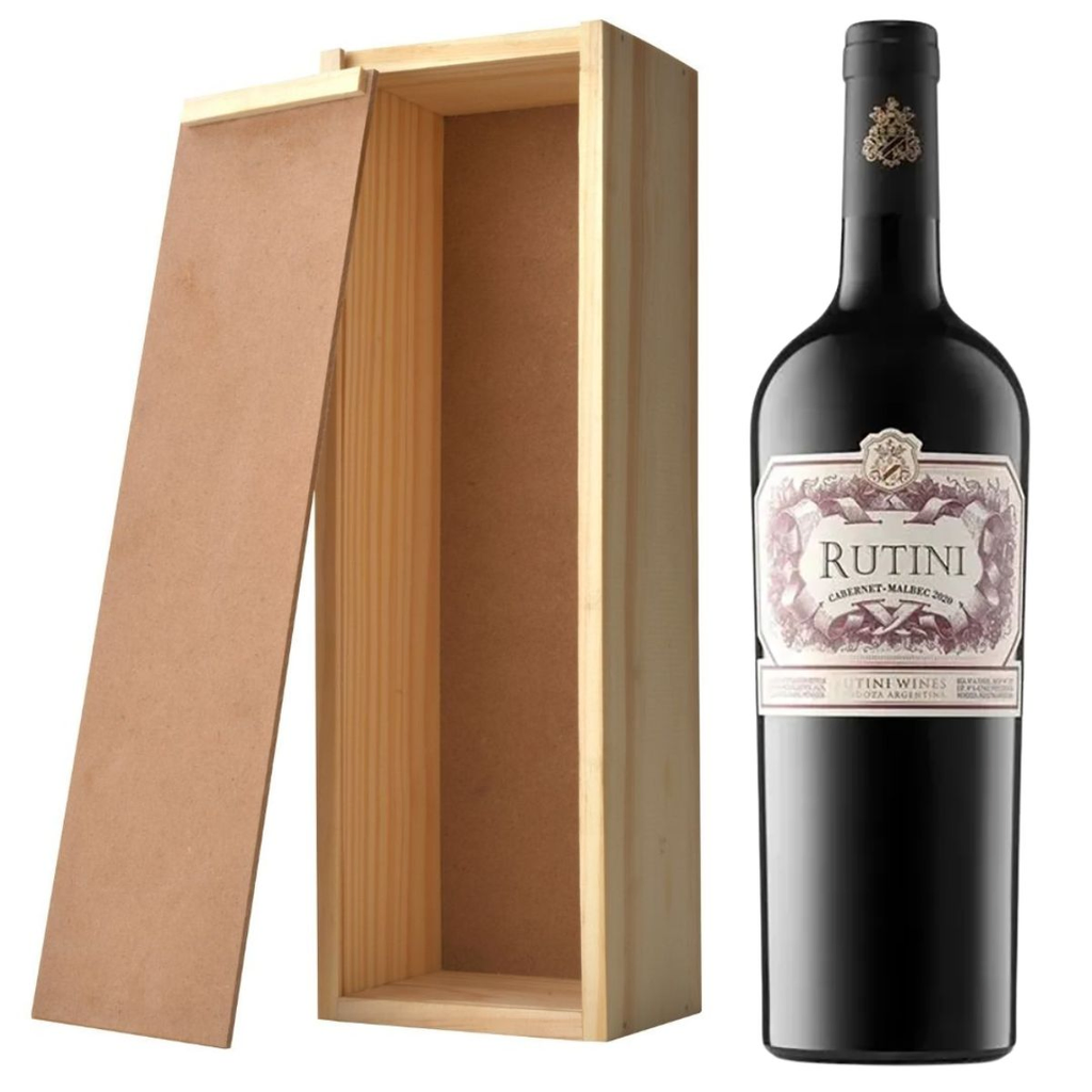 Vino rutini bi varietal en caja de madera madera
