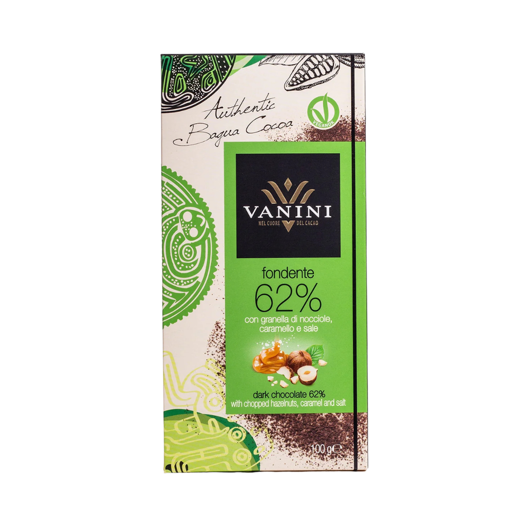 TABLETA VANINI DARK 62 % AVELLANA CARAMELO Y SAL 100 GR