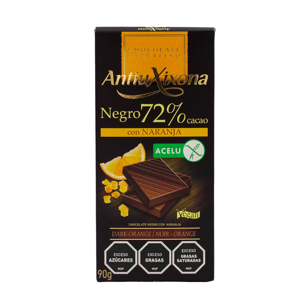TABLETA ANTIUXIXONA DARK 72 % CON NARANJA 90 GR