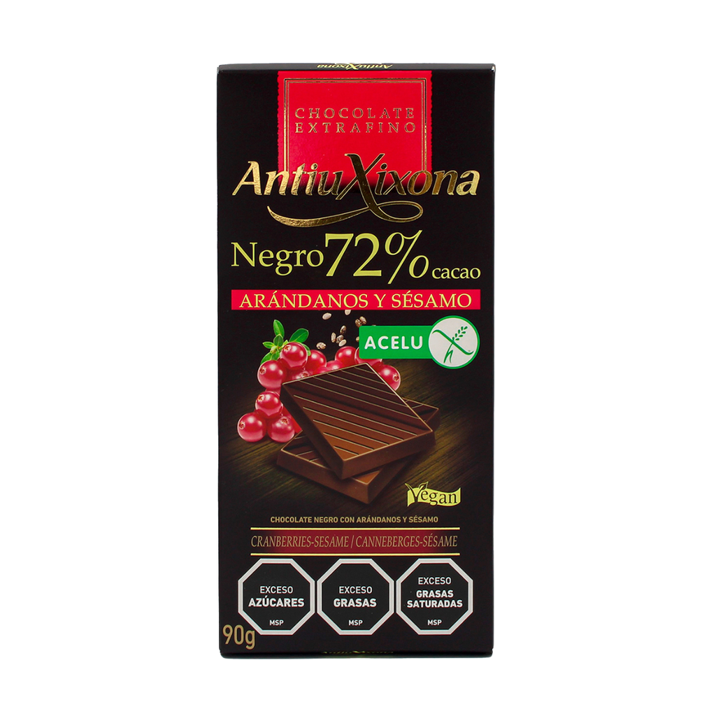 TABLETA ANTIUXIXONA DARK 72 % CON ARANDANOS Y SESAMO 90 GR
