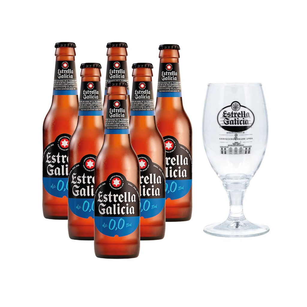 CERVEZA ESTRELLA DE GALICIA 0% ALCOHOL 250 ML X 6 + Copa de Regalo