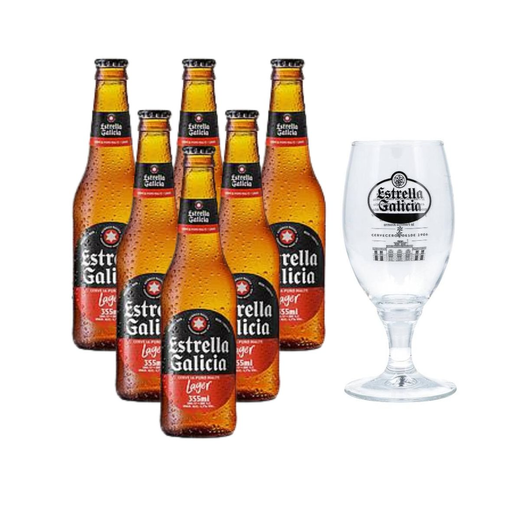 CERVEZA ESTRELLA DE GALICIA 355 ML X 6 + Copa de Regalo