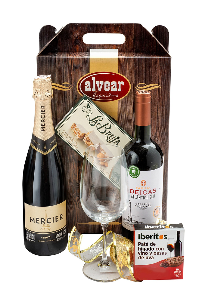 Caja de regalo Alvear con espumante Mercier, vino Deicas, turrón, copa y paté